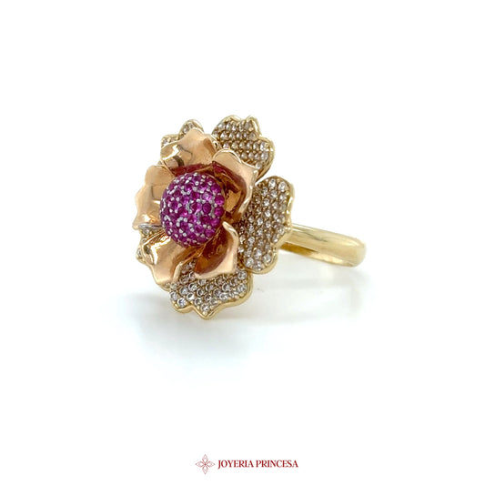 14K Flower Ring with Pink and White CZ Stones