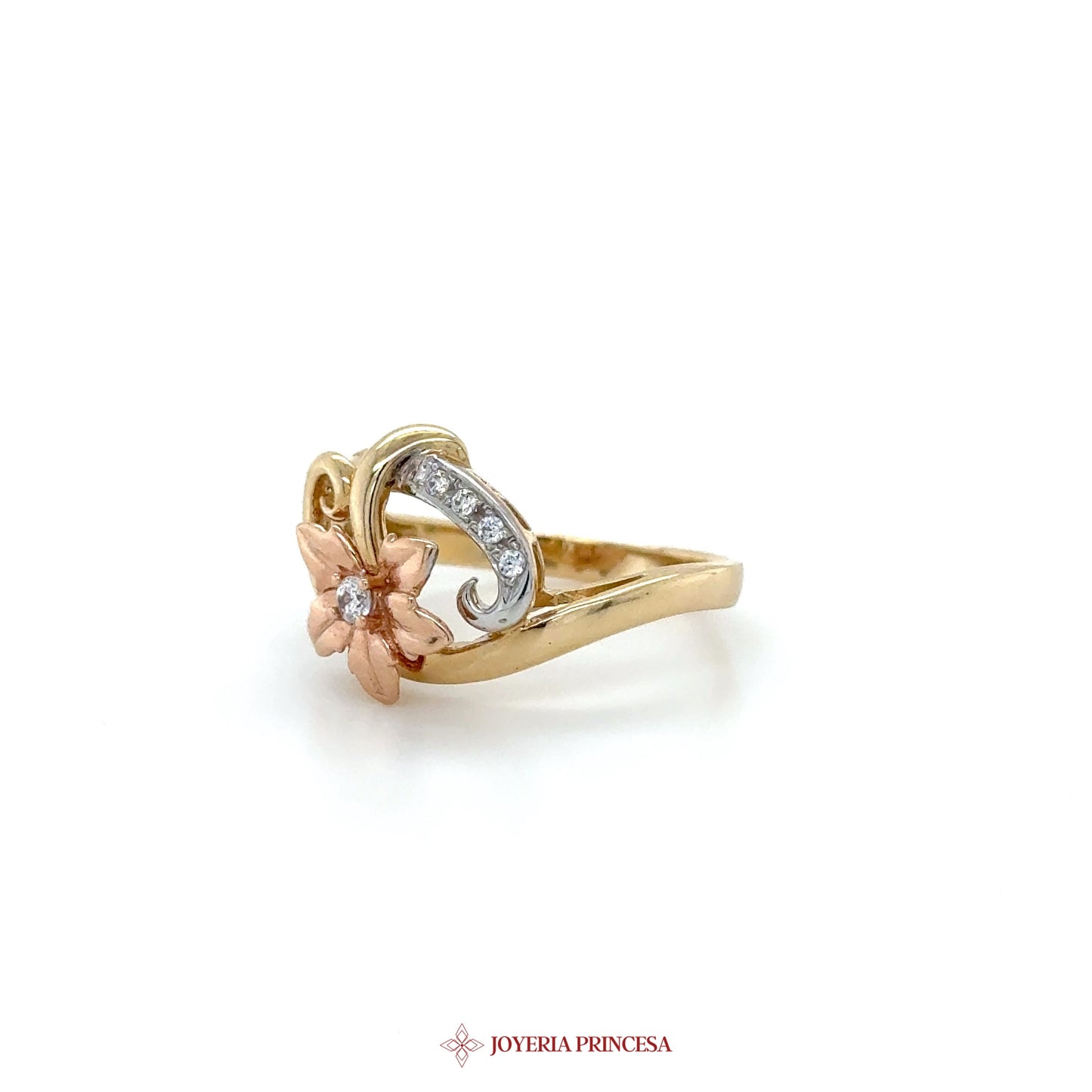 14K Gold Floral Motif Ring with CZ Accents