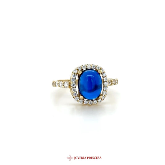 14K Blue Stone Halo Ring with CZ Accents