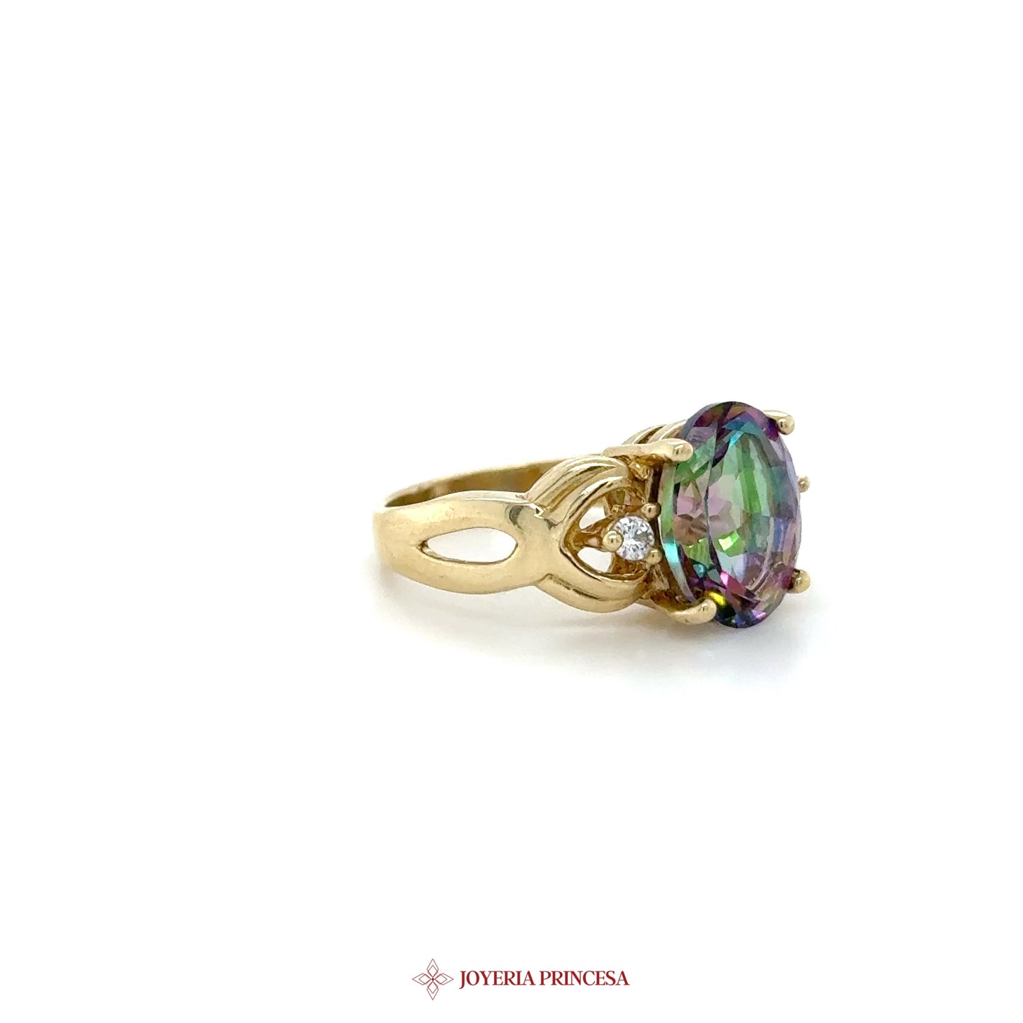 14K Gold Oval Mystic Topaz Ring with Accent Stones