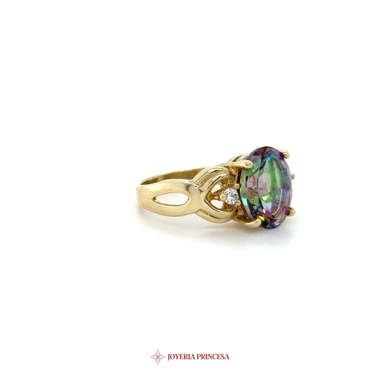 14K Gold Oval Mystic Topaz Ring with Accent Stones