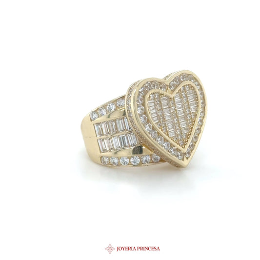 14K Gold Heart Shaped Ring with Baguette and Round CZ Stones