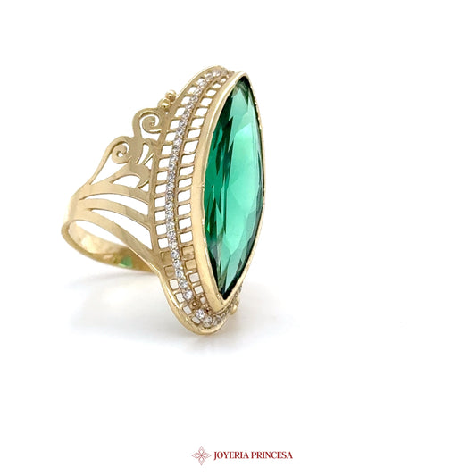 14K Gold Vintage-Style Marquise Ring with Green Stone