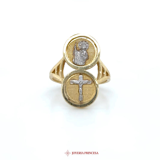14K Gold Double Motif Ring with Religious Symbols