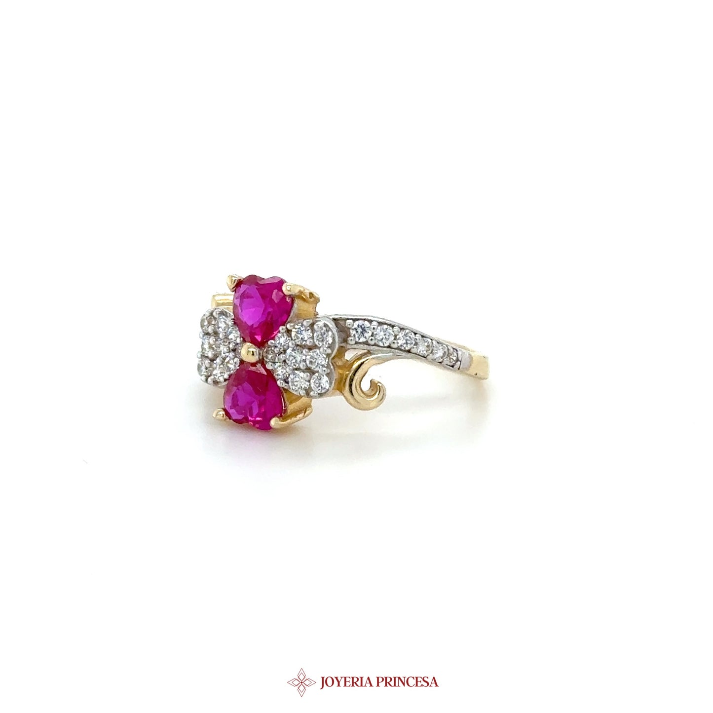 14K Gold Floral Ring with Rubies and Cubic Zirconia