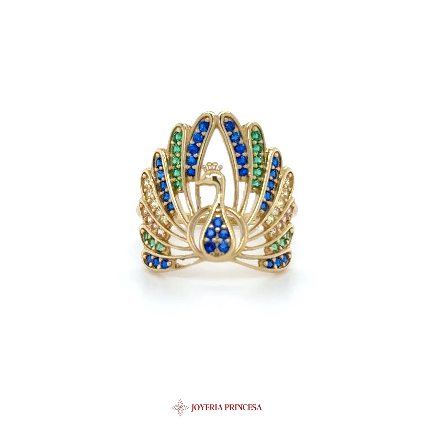 14K Gold Peacock Motif Ring with Colorful Stones (UN-1250)