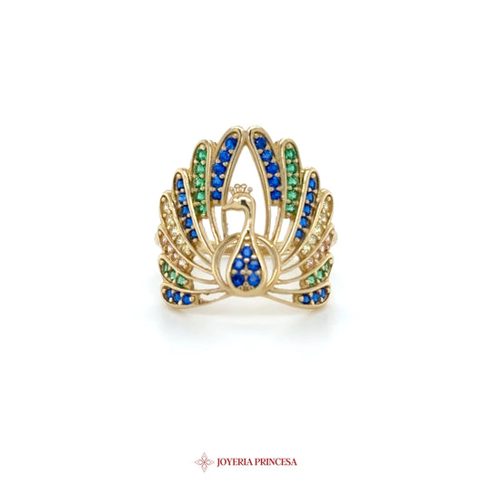 14K Gold Peacock Motif Ring with Colorful Stones (UN-1250)