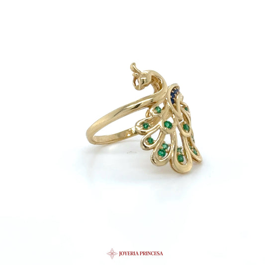 14K Gold Peacock Motif Ring with Green and Blue Stones (UN-1251)