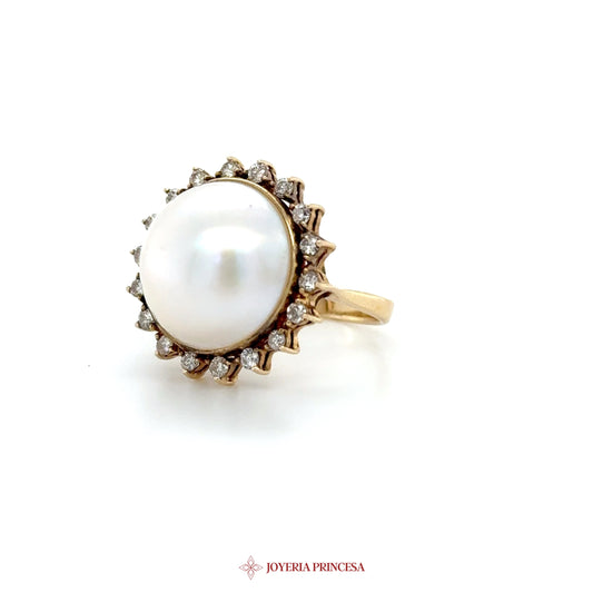 14K Gold Pearl Halo Ring with CZ Accents