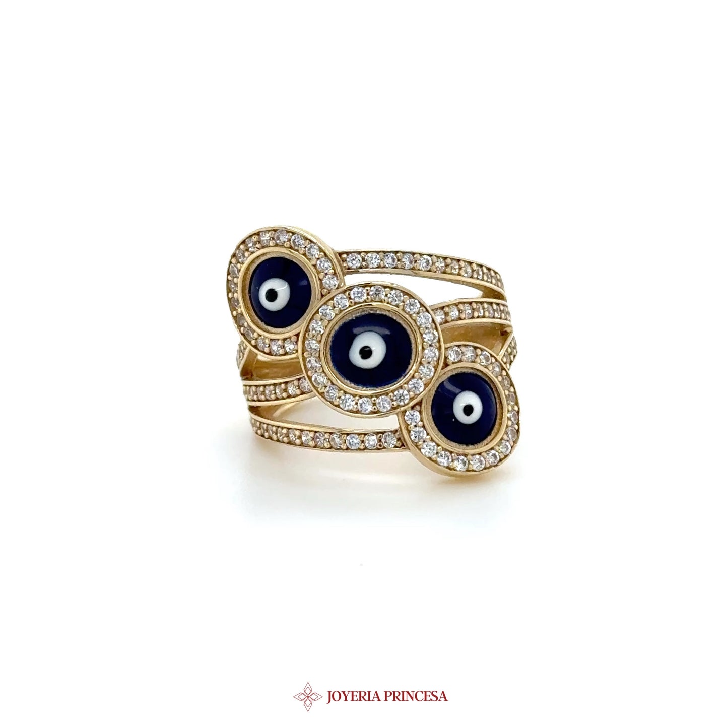 14K Gold Evil Eye Dangle Ring with CZ Stones