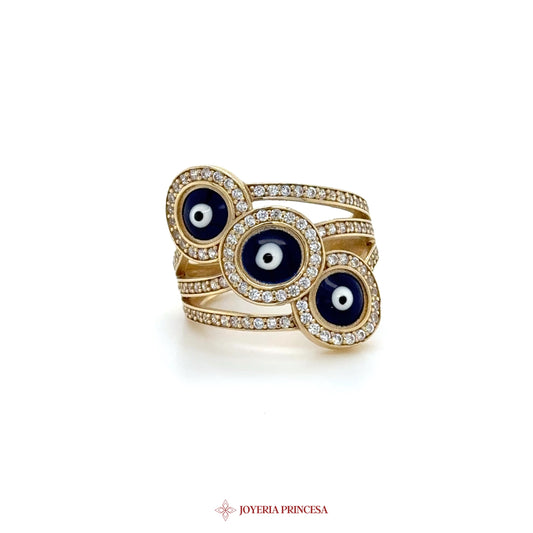 14K Gold Evil Eye Dangle Ring with CZ Stones