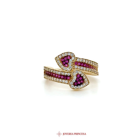14K Gold Heart Motif Ring with Pink and White Stones