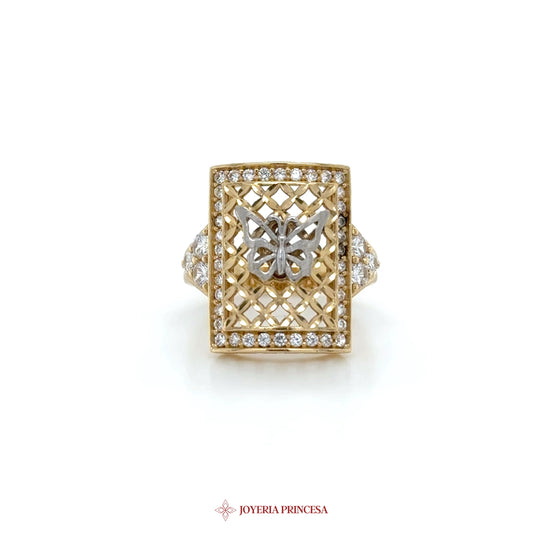 14K Gold Geometric Motif Ring with CZ Accents