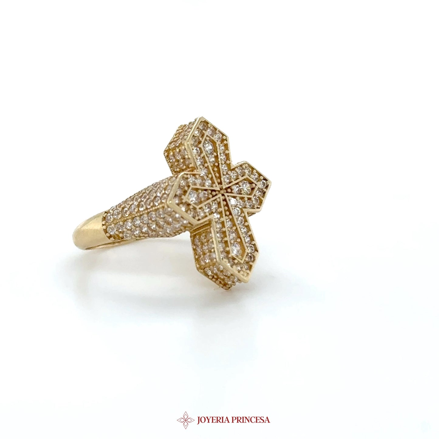 14K Gold Cross Ring with Simulated Diamonds
