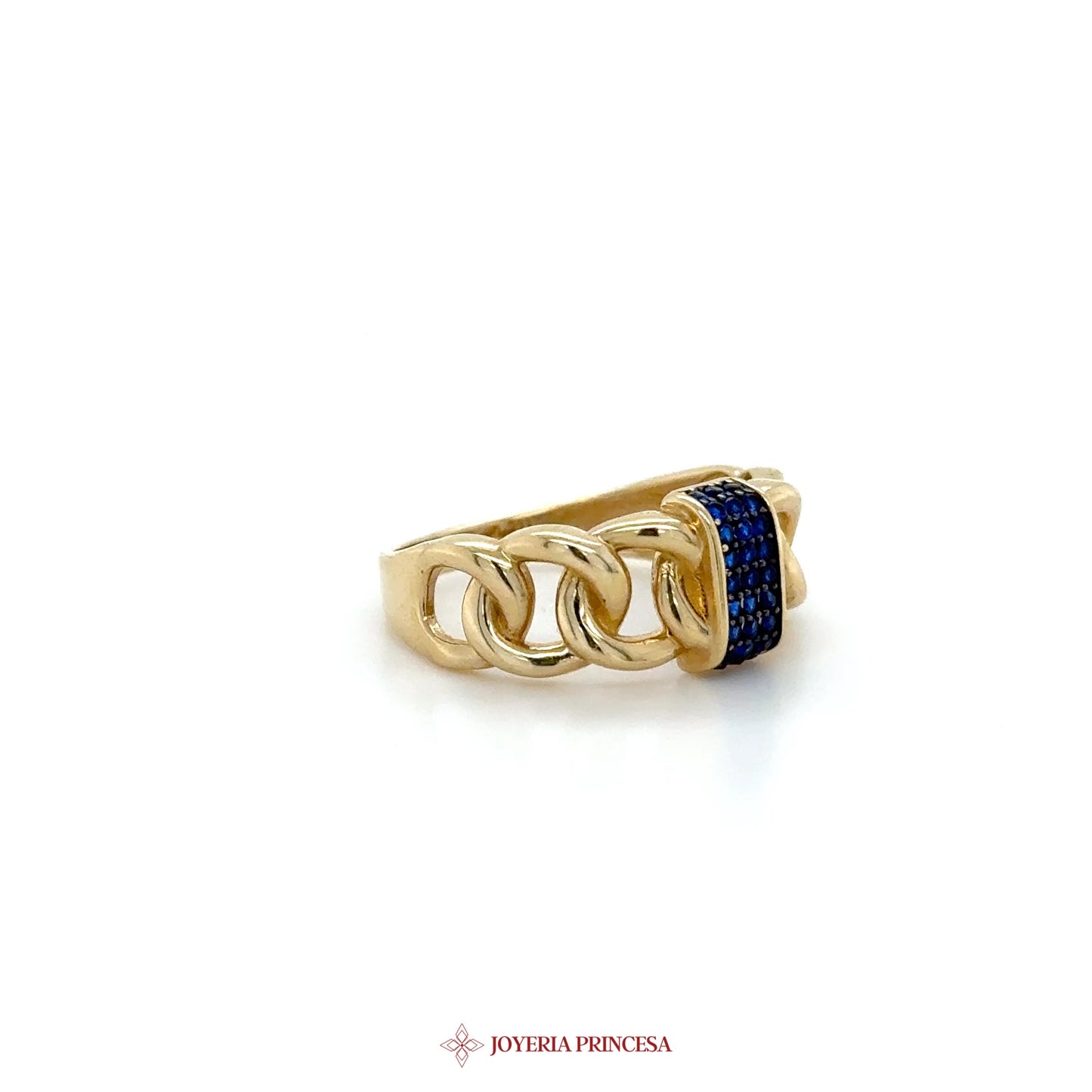 14K Gold Chain Ring with Blue Simulated Stones