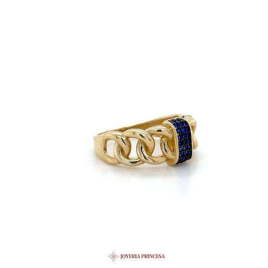 14K Gold Chain Ring with Blue Simulated Stones