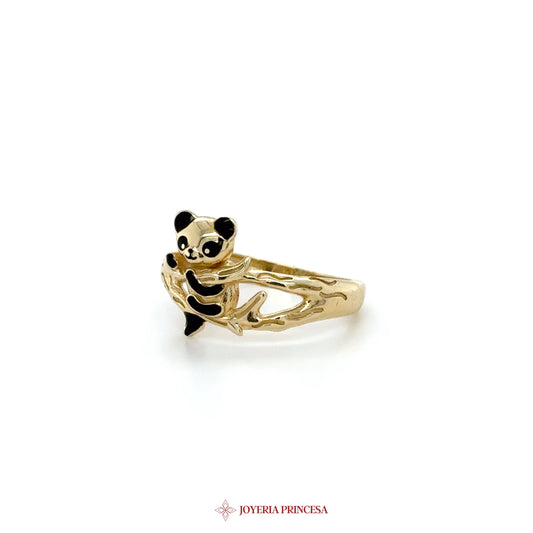 14K Gold Panda Motif Ring with Black Enamel