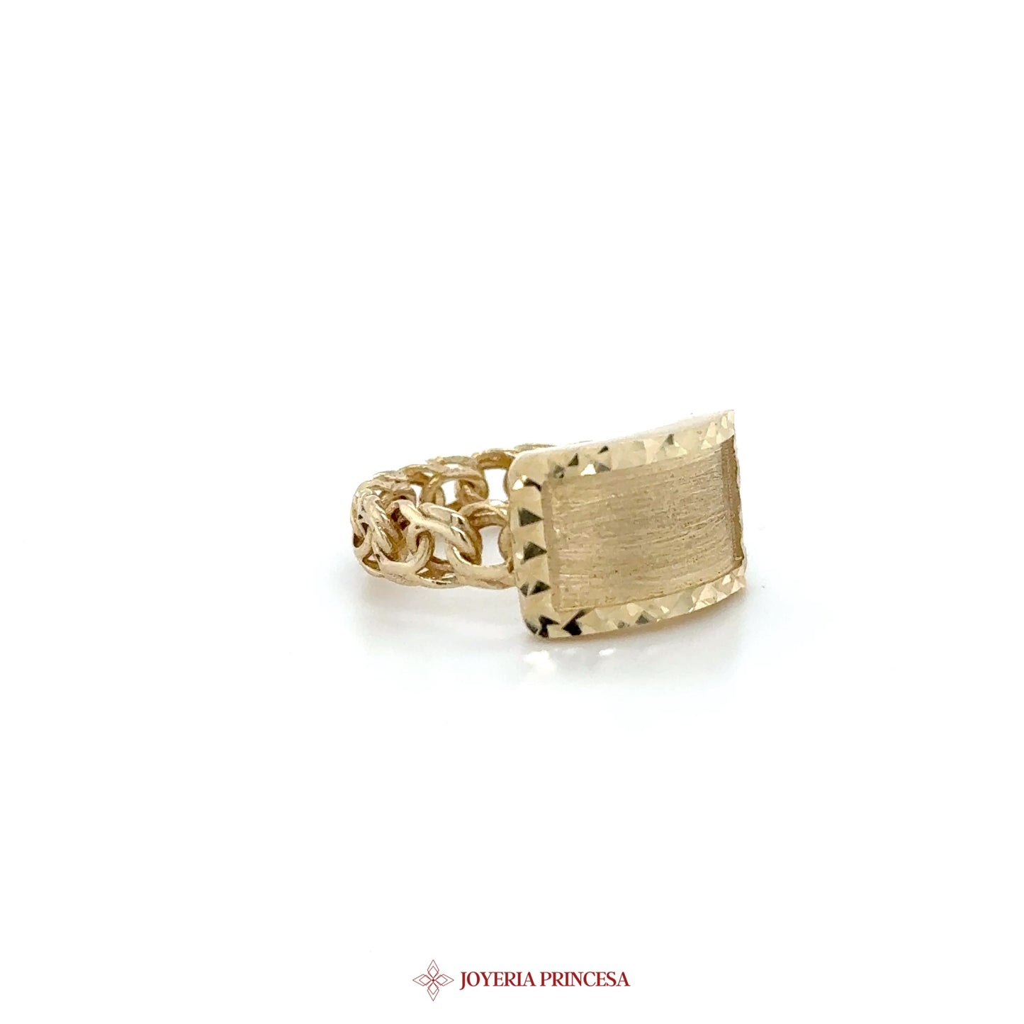 14K Gold Textured Signet Ring with Chain Detail