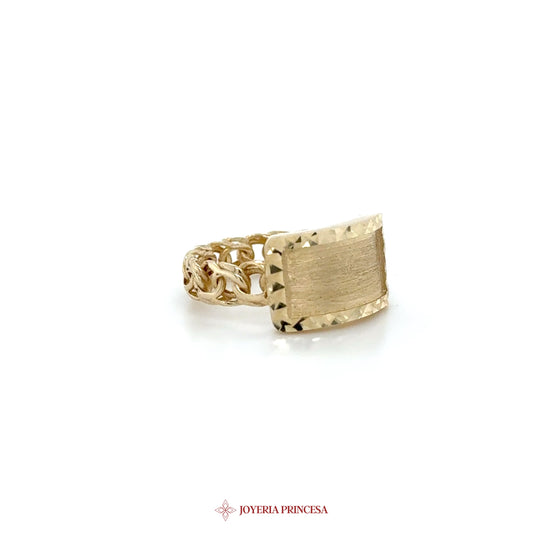 14K Gold Textured Signet Ring with Chain Detail