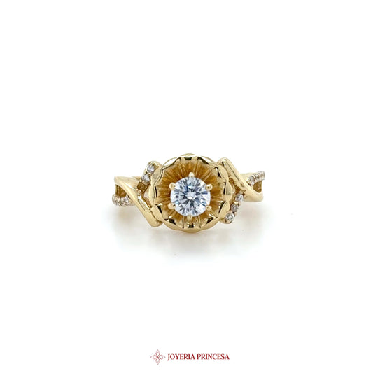 14K Gold Floral Motif Ring with CZ Center Stone