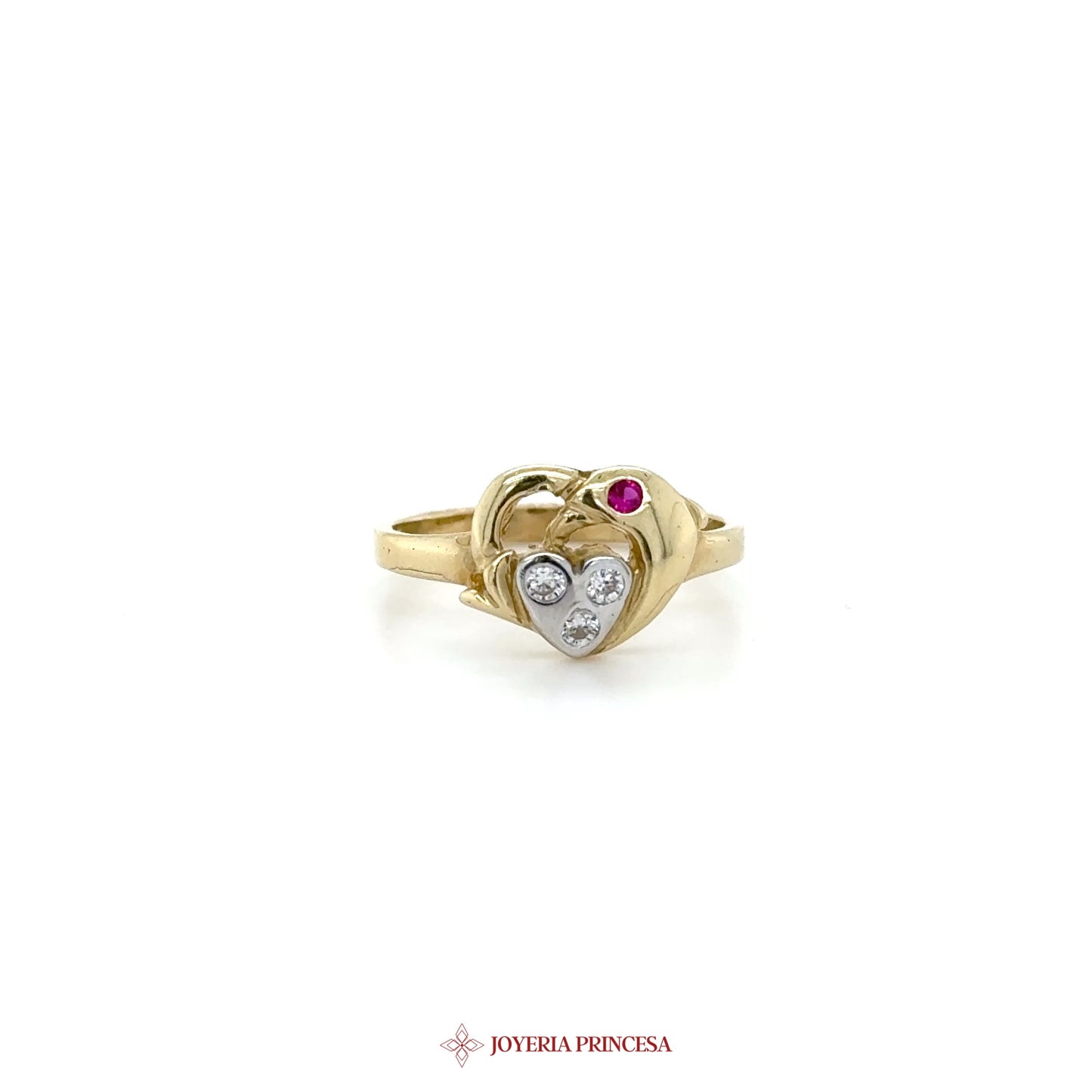 10K Gold Heart Ring with CZ Stones and Red Accent