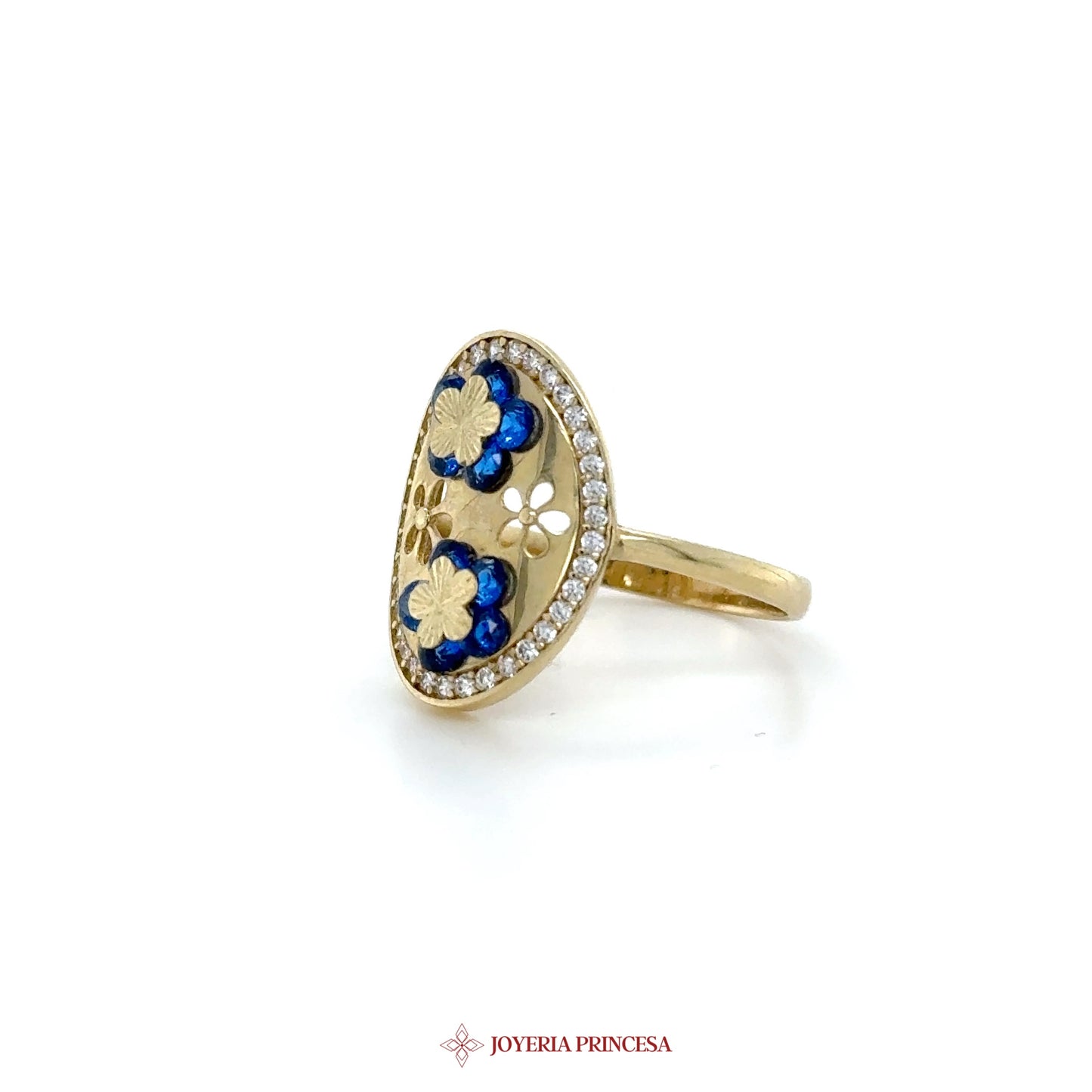 Floral Motif Gold Ring with Blue and Clear CZ Stones 10K