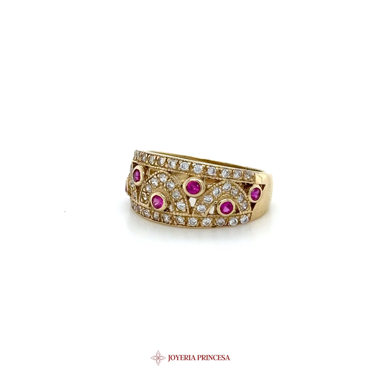 10K Gold Ring with Pink Stones and Clear CZ Accents