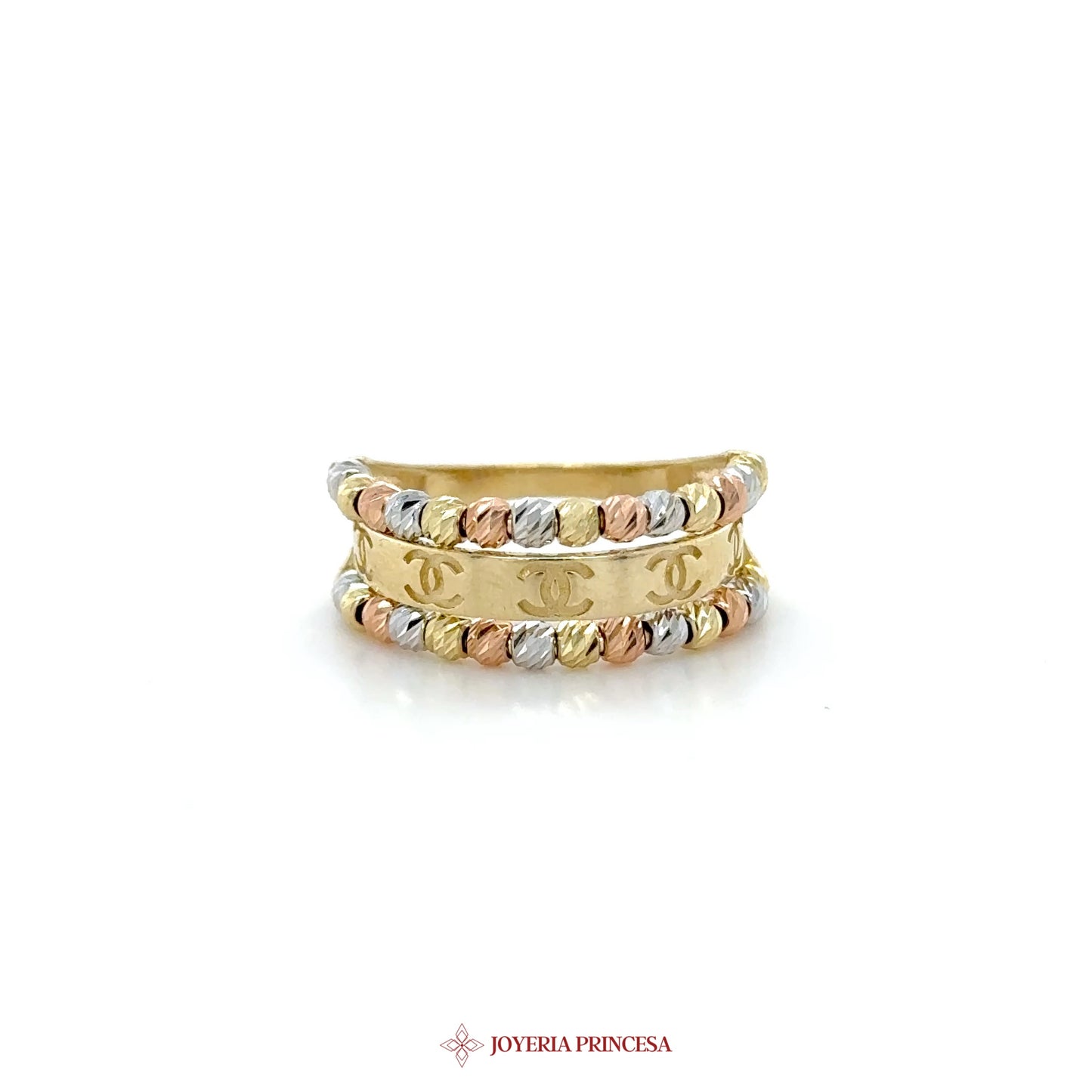 10K Tri-Color Gold Band Ring with Dazzling Accents