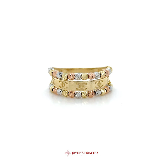 10K Tri-Color Gold Band Ring with Dazzling Accents