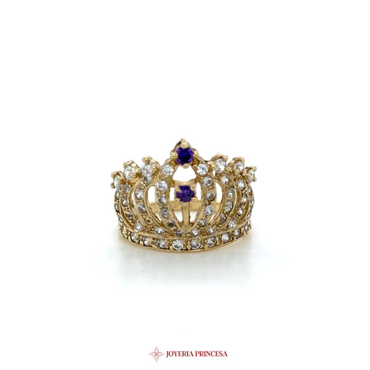 Crown Ring with Purple and Clear CZ Stones, 10K Gold