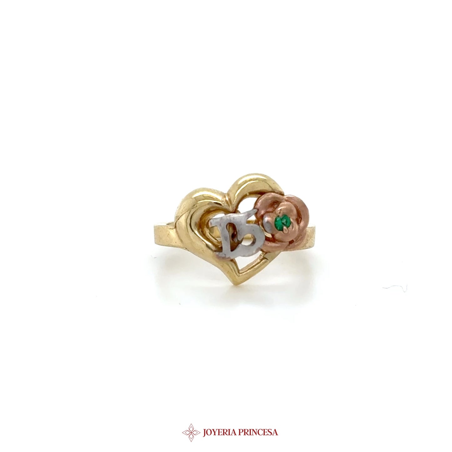 10K Gold Heart Ring with Rose Motif and Green Stone