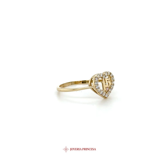 10K Gold Heart Ring with CZ Stones and '15' Motif