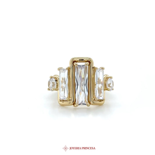 14K Gold Triple Baguette and Round CZ Ring