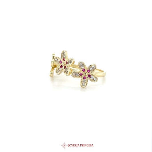 14K Gold Flower Stud Earrings with Simulated Stones