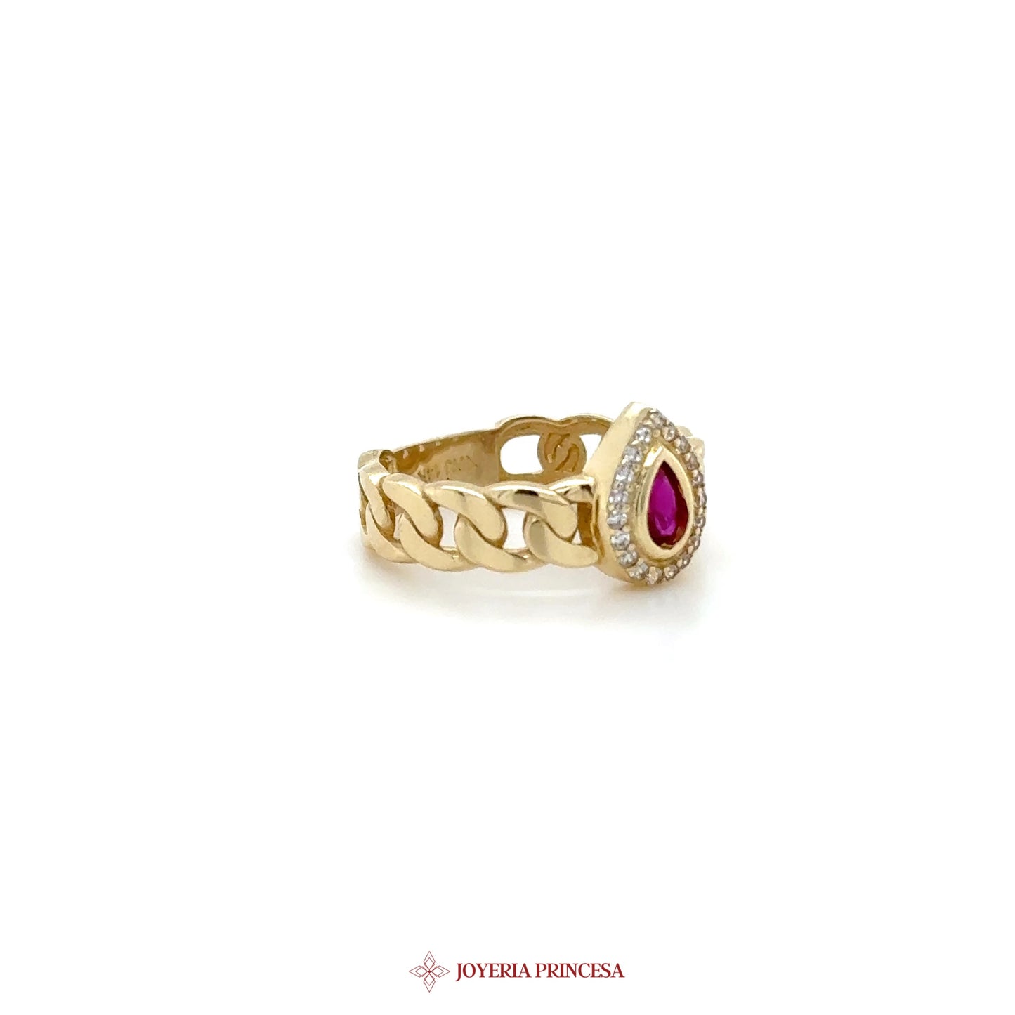 14K Gold Chain Ring with Pear-Shaped Pink Stone