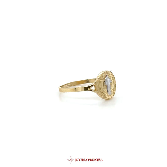 14K Gold Religious Motif Ring with Center Stone