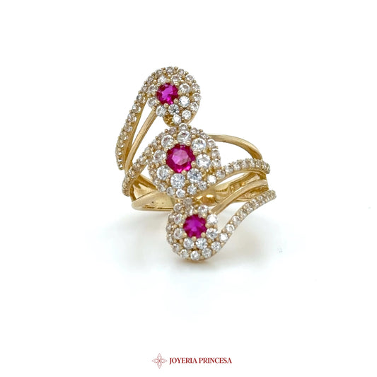 14K Gold Dangle Ring with Pink and Clear CZ Stones