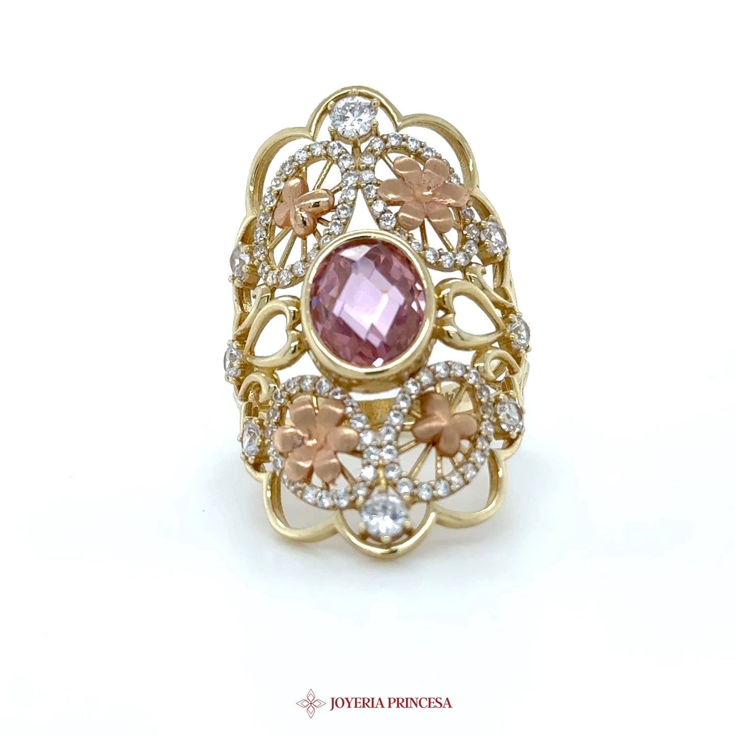 14K Gold Floral Motif Ring with Pink Stone and CZ Accents