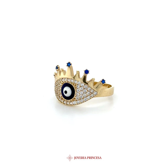 14K Gold Evil Eye Crown Ring with CZ Stones