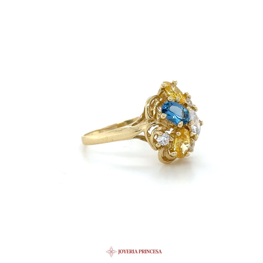 14K Gold Floral Design Ring with Blue and Yellow Stones
