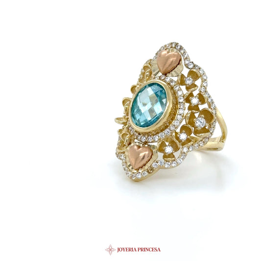 14K Heart Motif Blue Topaz and CZ Ring