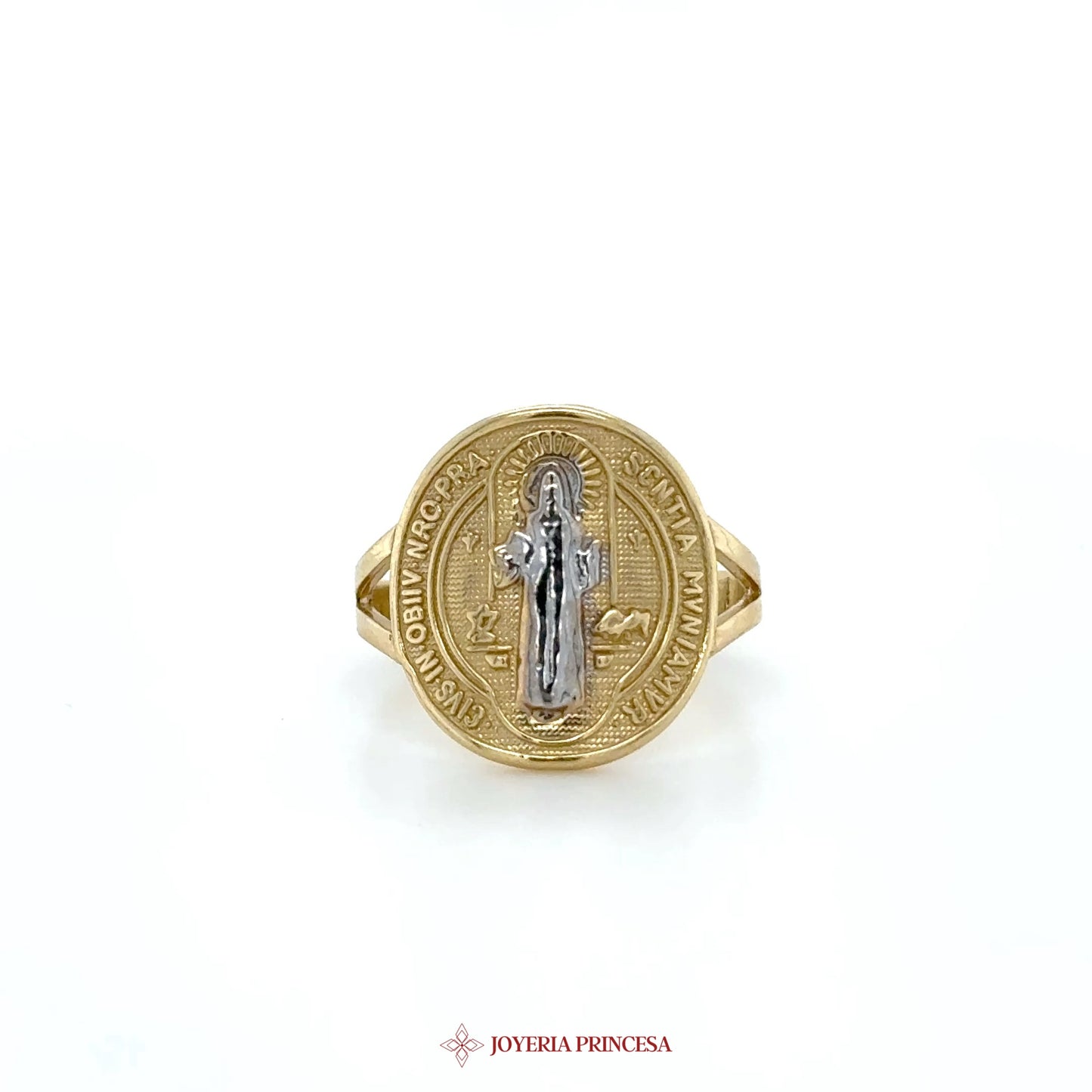 14K Gold Religious Medallion Ring with Silver Detail