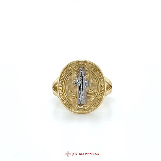 14K Gold Religious Medallion Ring with Silver Detail