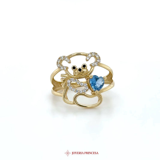 14K Gold Monkey Ring with Blue Topaz and CZ Stones