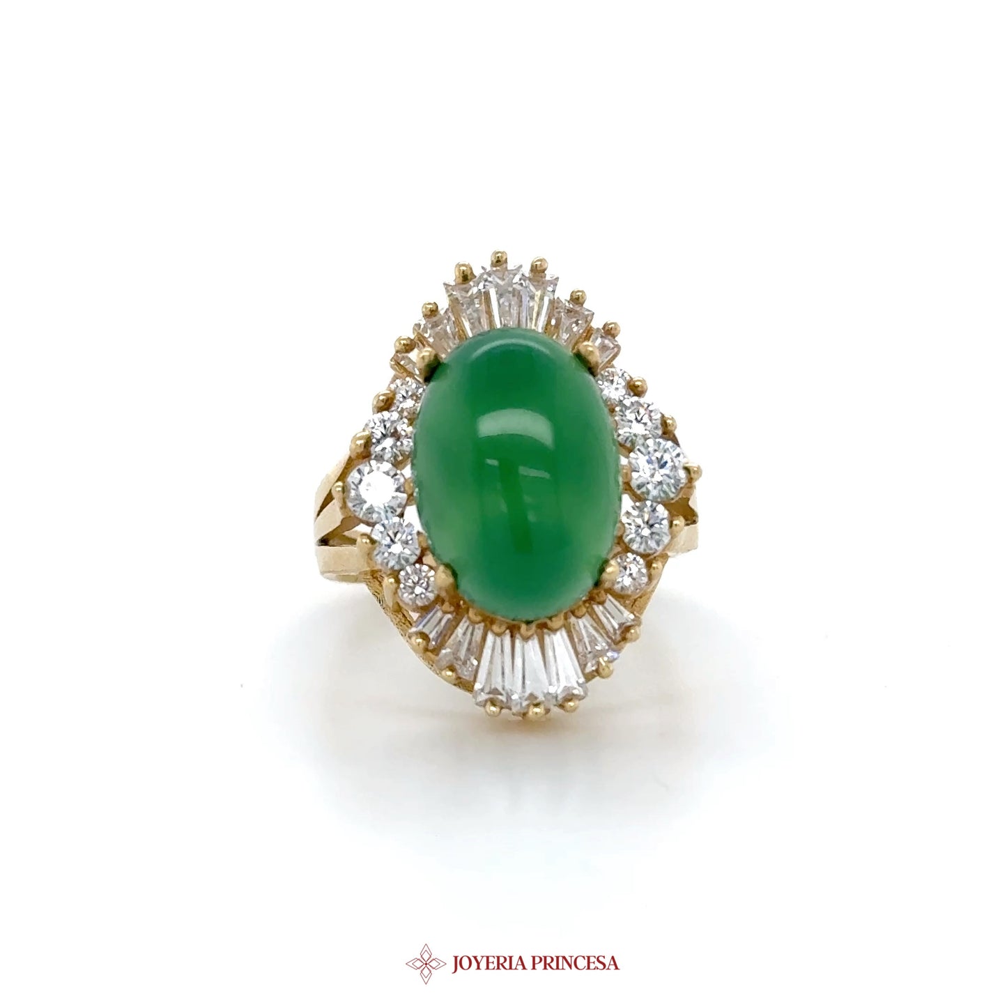 14K Gold Green Jade and CZ Halo Ring