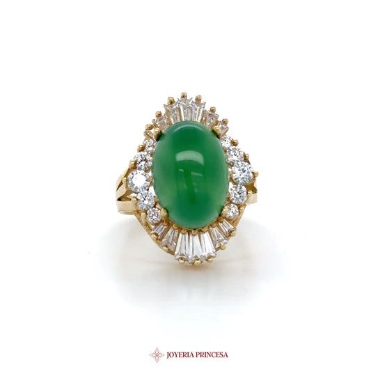 14K Gold Green Jade and CZ Halo Ring