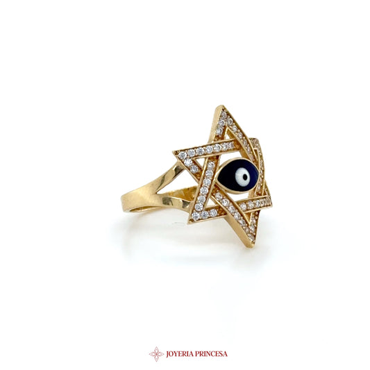 14K Gold Star of David Ring with Blue Eye and CZ Stones