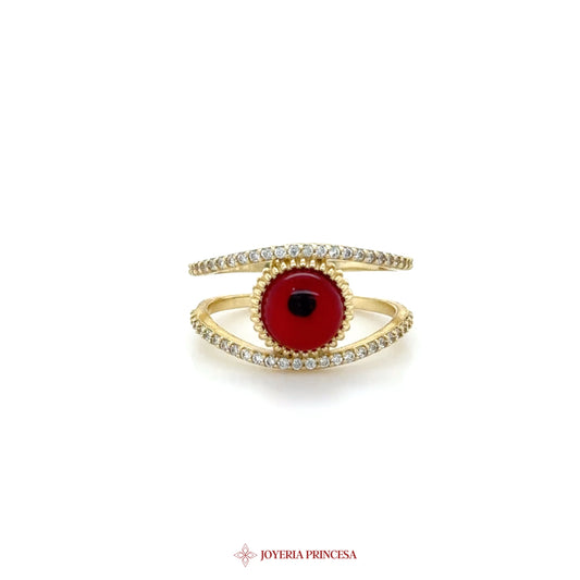 14K Gold Eye Motif Ring with Red Stone and CZ Accents
