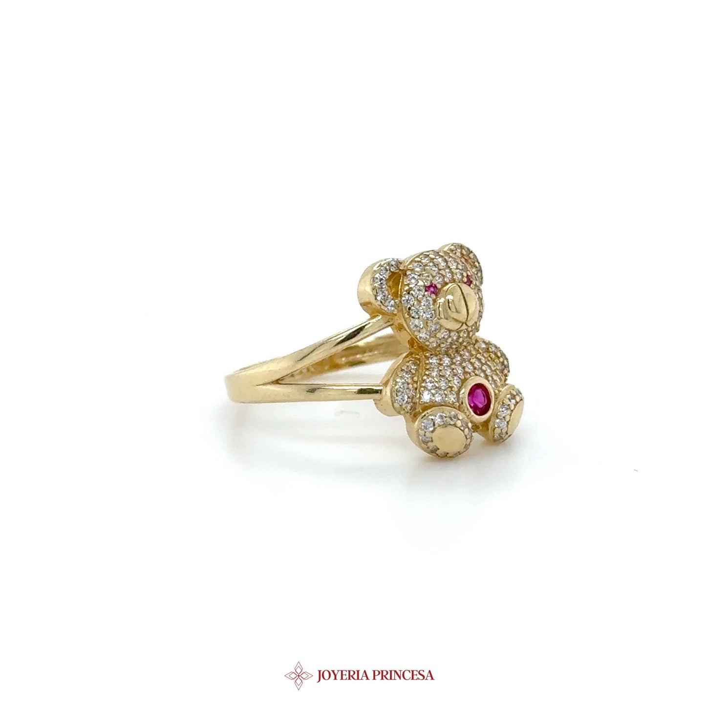 14K Gold Teddy Bear Ring with CZ and Ruby Accent