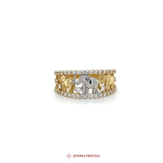 14K Gold Elephant Motif Ring with CZ Stones